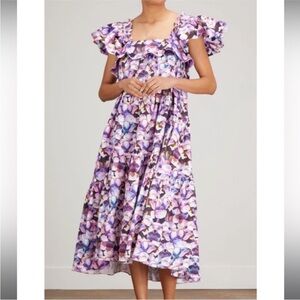 Kika Vargas Cicely Flutter Sleeve Ruffle Purple Watercolor Floral Maxi Dress